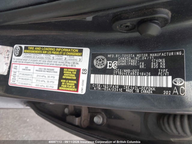 40087113 :رقم المزاد ، 2T1BU4EE8BC618426 vin ، 2011 Toyota Corolla Ce مزاد بيع