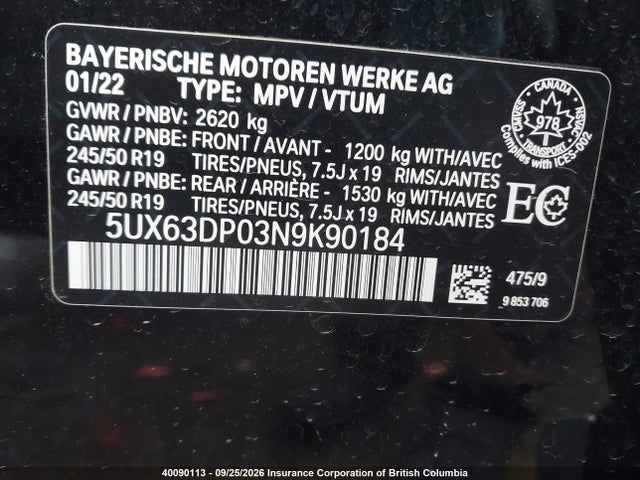 Aukcja sprzedaży 2022 Bmw X3, vin: 5UX63DP03N9K90184, numer aukcji: 40090113