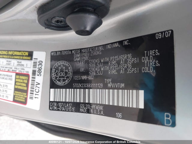 Продаж на аукціоні авто 2008 Toyota Sienna Le 7 Passenger, vin: 5TDZK23C68S111129, номер лоту: 40090121