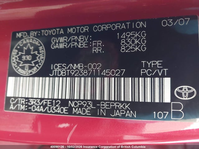 2007 Toyota Yaris მანქანა იყიდება აუქციონზე, vin: JTDBT923871145027, აუქციონის ნომერი: 40090126
