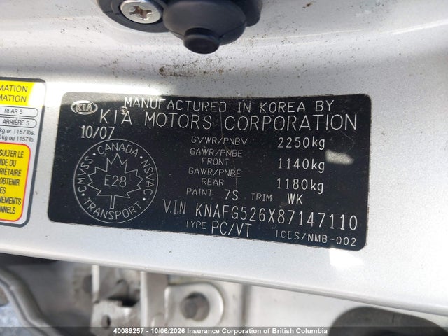 Aukcja sprzedaży 2008 Kia Rondo Lx/ex, vin: KNAFG526X87147110, numer aukcji: 40089257
