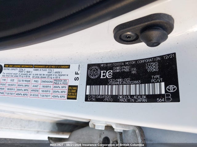 Aukcja sprzedaży 2022 Toyota Corolla, vin: JTDBAMDE3N3002883, numer aukcji: 40083927
