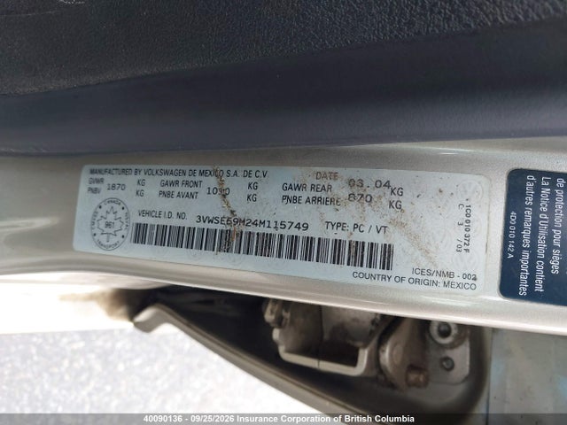 40090136 :رقم المزاد ، 3VWSE69M24M115749 vin ، 2004 Volkswagen Jetta مزاد بيع