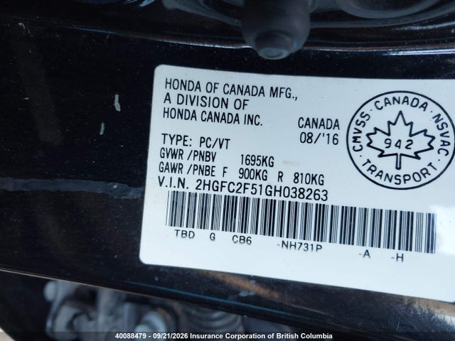 40088479 :رقم المزاد ، 2HGFC2F51GH038263 vin ، 2016 Honda Civic Lx مزاد بيع