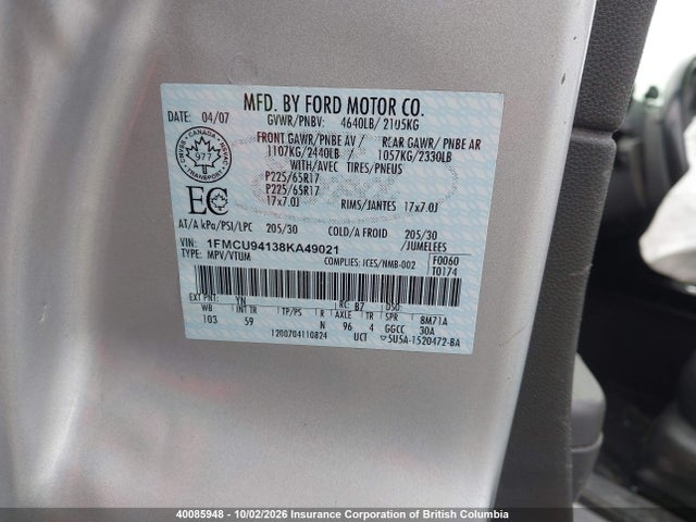 Продаж на аукціоні авто 2008 Ford Escape Limited, vin: 1FMCU94138KA49021, номер лоту: 40085948