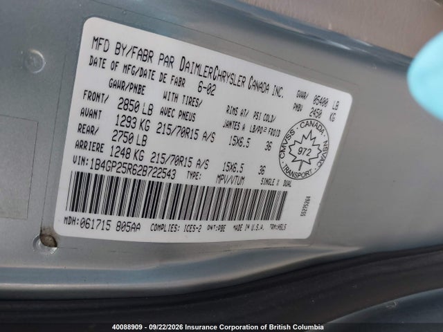 2002 Dodge Caravan Se მანქანა იყიდება აუქციონზე, vin: 1B4GP25R62B722543, აუქციონის ნომერი: 40088909