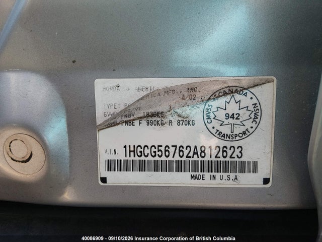 Aukcja sprzedaży 2002 Honda Accord Se, vin: 1HGCG56762A812623, numer aukcji: 40086909