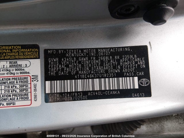 2007 Toyota Camry Ce/le/xle/se მანქანა იყიდება აუქციონზე, vin: 4T1BE46K37U182351, აუქციონის ნომერი: 40089131