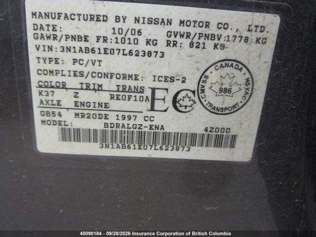 Aukcja sprzedaży 2007 Nissan Sentra 2.0/2.0s/2.0sl, vin: 3N1AB61E07L623873, numer aukcji: 40090184
