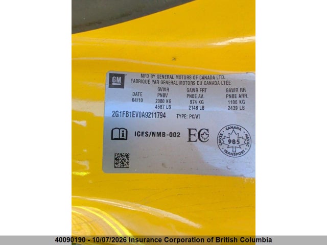 40090190 :رقم المزاد ، 2G1FB1EV0A9211794 vin ، 2010 Chevrolet Camaro Lt مزاد بيع