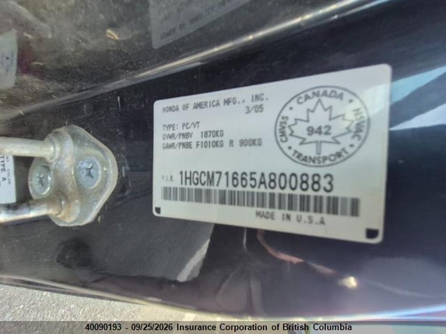 Aukcja sprzedaży 2005 Honda Accord Ex-l, vin: 1HGCM71665A800883, numer aukcji: 40090193