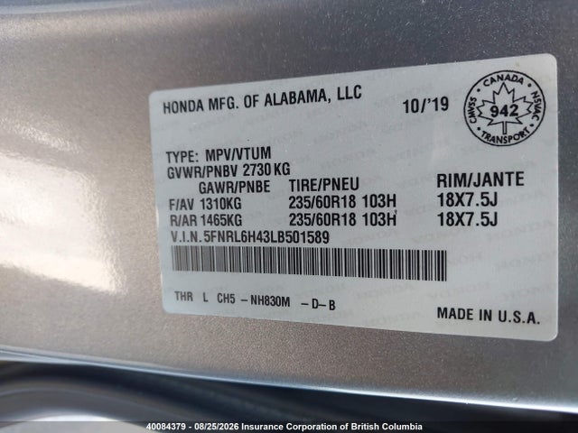 Honda ODYSSEY EX 2020 5FNRL6H43LB501589 Image 9