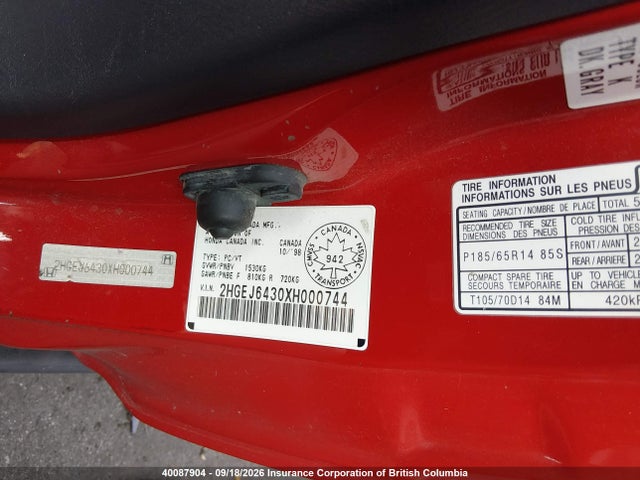 Aukcja sprzedaży 1999 Honda Civic Dx, vin: 2HGEJ6430XH000744, numer aukcji: 40087904