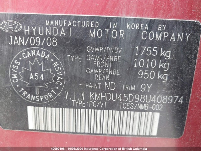 Продажа на аукционе авто 2008 Hyundai Elantra Gl/gls, vin: KMHDU45D98U408974, номер лота: 40090198