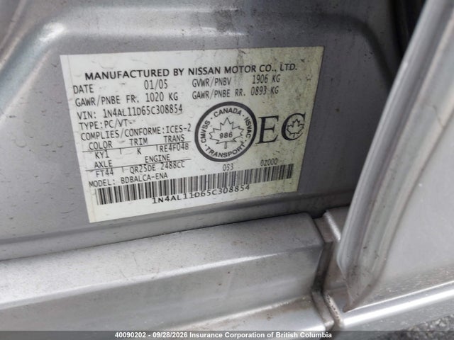 2005 Nissan Altima S/sl მანქანა იყიდება აუქციონზე, vin: 1N4AL11D65C308854, აუქციონის ნომერი: 40090202