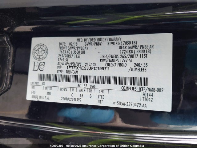 40090203 :رقم المزاد ، 1FTFX1E53JFC19971 vin ، 2018 Ford F150 مزاد بيع