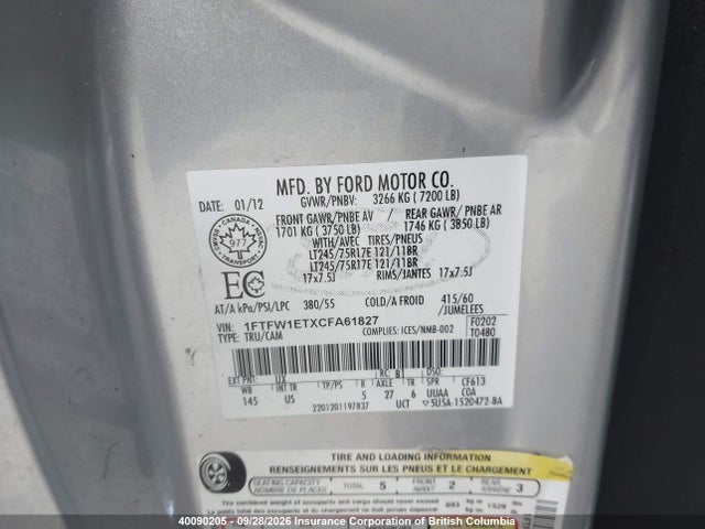 40090205 :رقم المزاد ، 1FTFW1ETXCFA61827 vin ، 2012 Ford F150 مزاد بيع