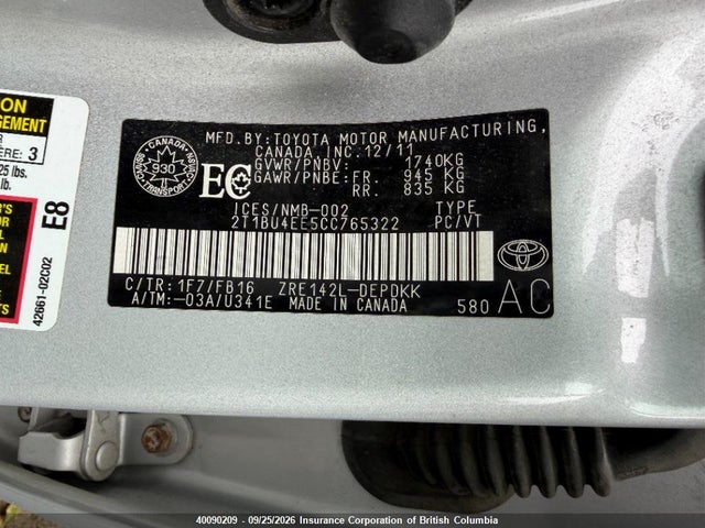 Aukcja sprzedaży 2012 Toyota Corolla S/le, vin: 2T1BU4EE5CC765322, numer aukcji: 40090209