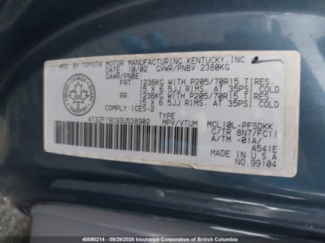 Aukcja sprzedaży 2003 Toyota Sienna Ce, vin: 4T3ZF19C93U538902, numer aukcji: 40090214
