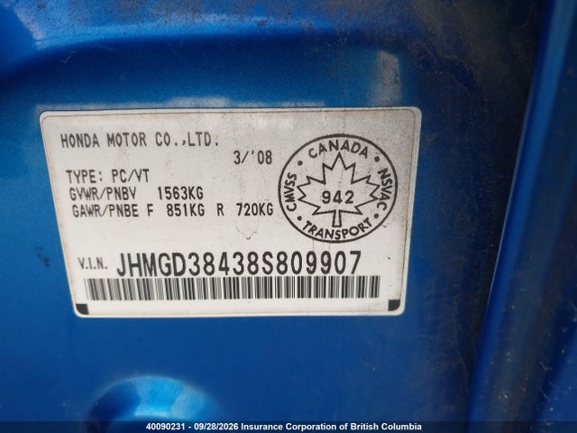 Aukcja sprzedaży 2008 Honda Fit, vin: JHMGD38438S809907, numer aukcji: 40090231