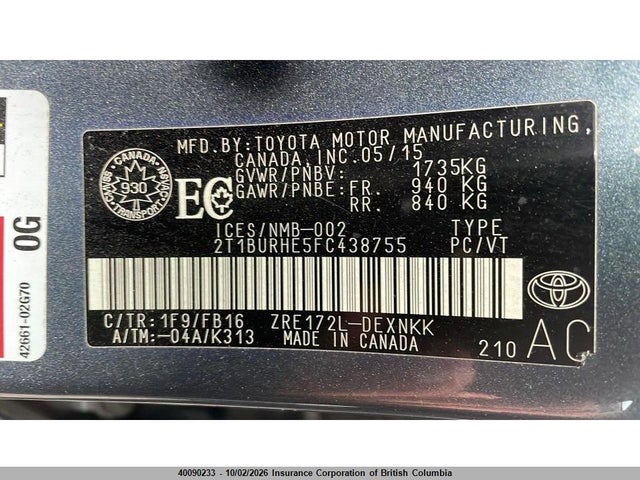 40090233 :رقم المزاد ، 2T1BURHE5FC438755 vin ، 2015 Toyota Corolla L/le/le Pls/prm/s/s Pls مزاد بيع