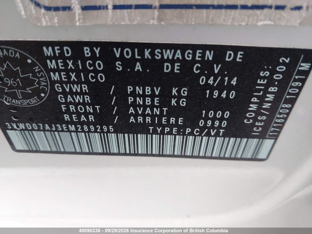 2014 Volkswagen Jetta მანქანა იყიდება აუქციონზე, vin: 3VWD07AJ3EM289295, აუქციონის ნომერი: 40090236