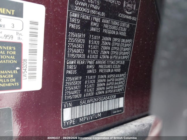 Продаж на аукціоні авто 2016 Land Rover Range Rover Sport Diesel Td6 Hse, vin: SALWR2KF5GA543208, номер лоту: 40090237