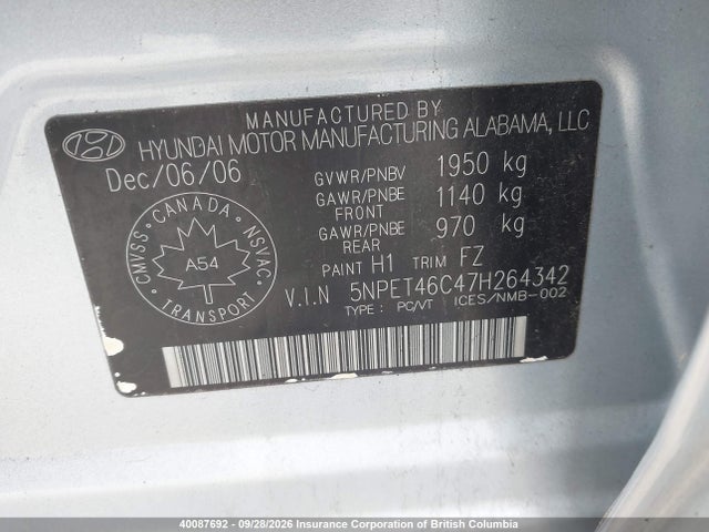 Продаж на аукціоні авто 2007 Hyundai Sonata Gls, vin: 5NPET46C47H264342, номер лоту: 40087692