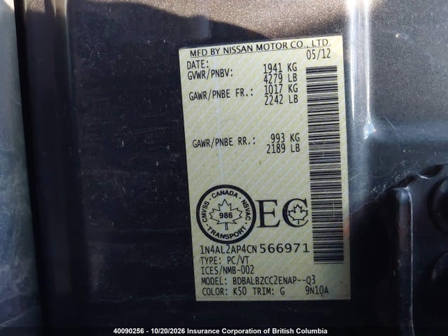 Aukcja sprzedaży 2012 Nissan Altima 2.5 S, vin: 1N4AL2AP4CN566971, numer aukcji: 40090256