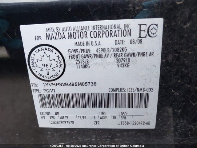 Auction sale of the 2009 Mazda 6 S, vin: 1YVHP82B495M05736, lot number: 40090257