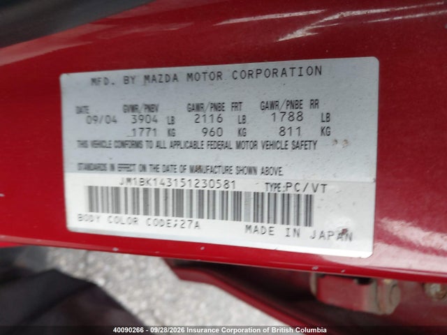 40090266 :رقم المزاد ، JM1BK143151230581 vin ، 2005 Mazda 3 Hatchback مزاد بيع