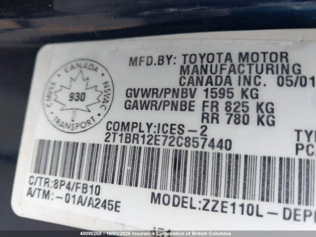 Aukcja sprzedaży 2002 Toyota Corolla Ce/le/s, vin: 2T1BR12E72C857440, numer aukcji: 40090268