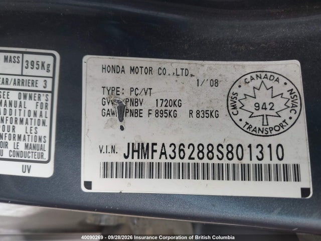 Aukcja sprzedaży 2008 Honda Civic, vin: JHMFA36288S801310, numer aukcji: 40090269