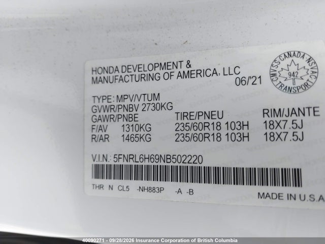 Auction sale of the 2022 Honda Odyssey Exl, vin: 5FNRL6H69NB502220, lot number: 40090271