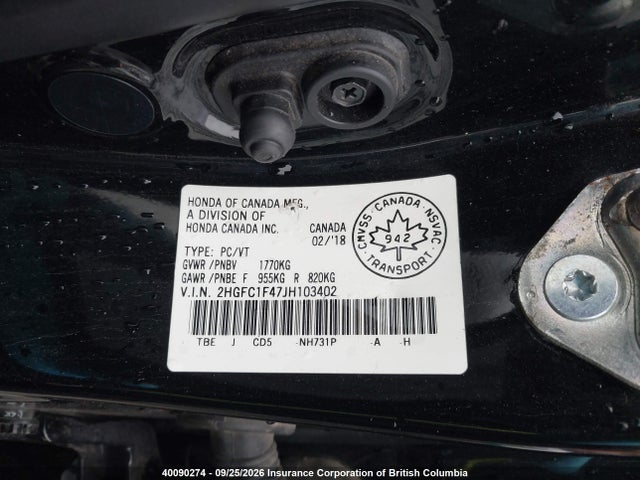 40090274 :رقم المزاد ، 2HGFC1F47JH103402 vin ، 2018 Honda Civic مزاد بيع