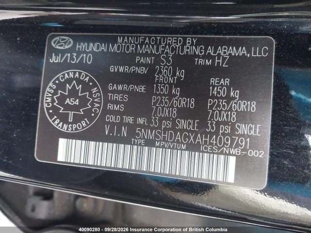 2010 Hyundai Santa Fe Se მანქანა იყიდება აუქციონზე, vin: 5NMSHDAGXAH409791, აუქციონის ნომერი: 40090280