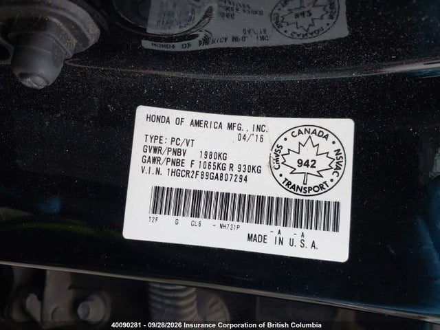 Aukcja sprzedaży 2016 Honda Accord Exl, vin: 1HGCR2F89GA807294, numer aukcji: 40090281