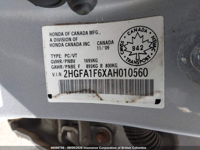 2010 Honda Civic Lx-s მანქანა იყიდება აუქციონზე, vin: 2HGFA1F6XAH010560, აუქციონის ნომერი: 40086795