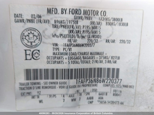 Aukcja sprzedaży 2006 Ford Focus, vin: 1FAFP36N86W220377, numer aukcji: 40090283