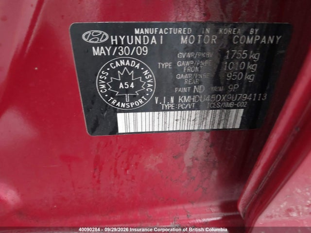 Продаж на аукціоні авто 2009 Hyundai Elantra Gls/se, vin: KMHDU45DX9U794113, номер лоту: 40090284