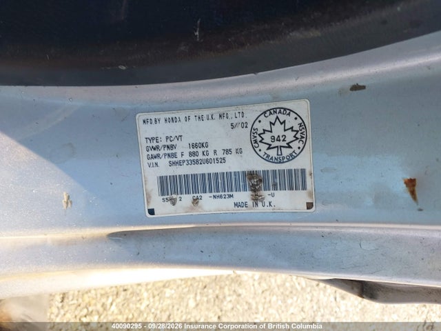 40090295 :رقم المزاد ، SHHEP33582U601525 vin ، 2002 Honda Civic مزاد بيع
