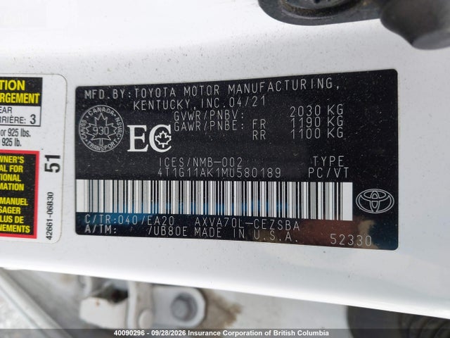 4T1G11AK1MU580189 Toyota Camry