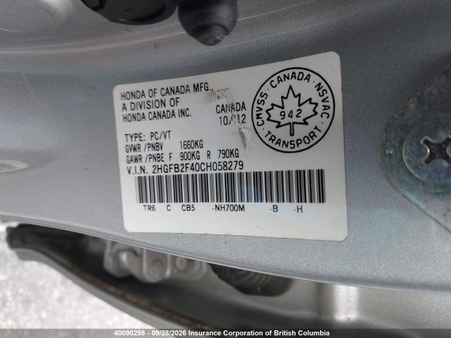 Продажа на аукционе авто 2012 Honda Civic, vin: 2HGFB2F40CH058279, номер лота: 40090298