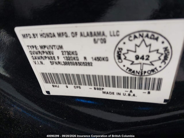 40090299 :رقم المزاد ، 5FNRL38859B505282 vin ، 2009 Honda Odyssey Touring مزاد بيع