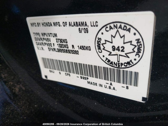 40090299 :رقم المزاد ، 5FNRL38859B505282 vin ، 2009 Honda Odyssey Touring مزاد بيع
