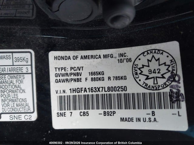 Aukcja sprzedaży 2007 Honda Civic, vin: 1HGFA163X7L800250, numer aukcji: 40090302