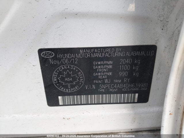Продажа на аукционе авто 2013 Hyundai Sonata Limited W/navi, vin: 5NPEC4AB4DH639981, номер лота: 40090303