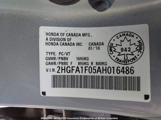 Aukcja sprzedaży 2010 Honda Civic Exl, vin: 2HGFA1F05AH016486, numer aukcji: 40084385