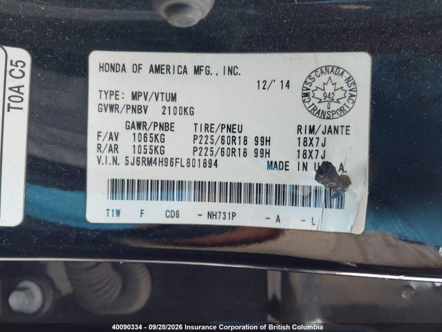 Honda CR-V 2015 5J6RM4H96FL801894 Image 9