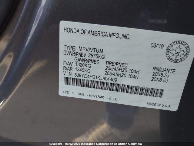 40085895 :رقم المزاد ، 5J8YD4H01KL804409 vin ، 2019 Acura Mdx A-spec مزاد بيع